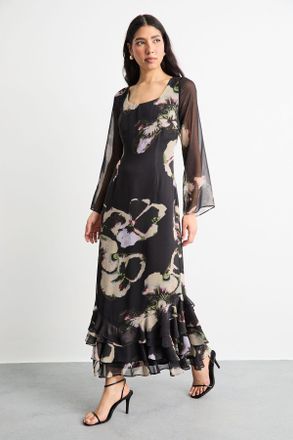 Warehouse Womens Printed Scoop Neck Ruffle Hem Midi Dress - Floral - Size 10 UK