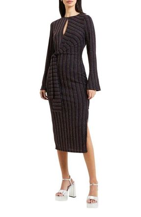 French Connection Paula Metallic Stripe Long Sleeve Midi Dress in Blackout Multi at Nordstrom, Size Large