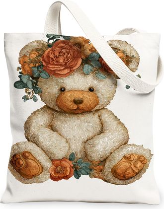 Generic Floral Bear Canvas Tote Bags, Cute Animal Design Reusable Grocery Bags, Summer Lightweight Washable Shoulder Strap Canvas F, White, 13x15 Inch