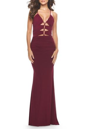 La Femme Unique Cut Out Net Jersey Prom Dress in Dark Berry at Nordstrom, Size 10