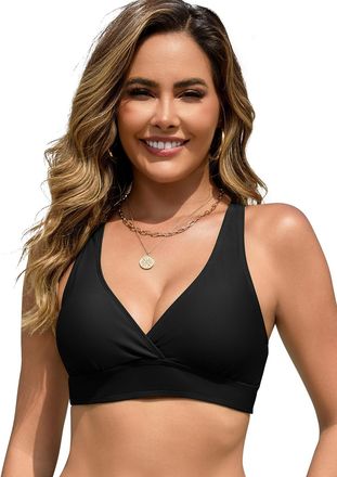 SHEKINI Womens Sporty Underwire Bikini Top Adjustable Wide Straps Criss Cross Back Removable Padded Swimwear Top Only(Black,L)