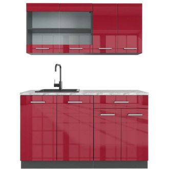 Vicco Cucina monoblocco R-Line, Bordeaux lucido/antracite, 140 cm, pl Marmo
