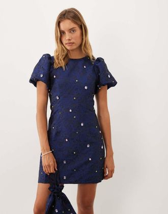 Sister Jane Dream Sister Jane Cosmo mini dress coordinato con ricami, girocollo e maniche a palloncino navy-blu navy