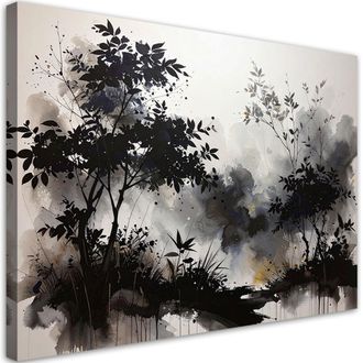 Feeby Cuadro En Lienzo, Paisaje Abstracto De Hojas De &Aacute;rboles En Blanco Y Negro, 100x70