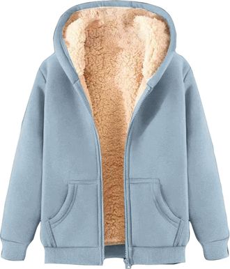 Generic womens fleece jackets full zip with hood - womens fuzzy fleece coat Solid Color womens hoodies with pocket Winter Warm chunky cardigans for women plus