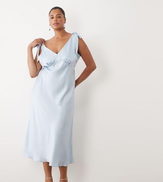 New Look Plus New Look Curve - Vestito midi in raso azzurro con spalline annodate-Blu