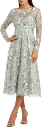 Mac Duggal Floral Embroidered Long Sleeve Midi Dress in Mist at Nordstrom, Size 16
