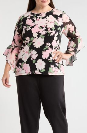 Kasper Ruffle Sleeve Top in Black Multi at Nordstrom, Size 1 X