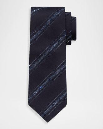 Brunello Cucinelli Mens Silk and Cotton Textured Stripe Tie
