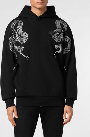 Philipp Plein Felpa con cappuccio in cotone con ricamo Snake e strass