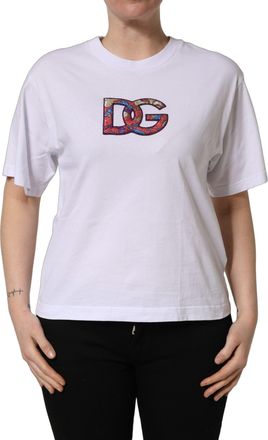 Dolce & Gabbana Womens White Cotton Dg Logo Patch Crew Neck T-Shirt