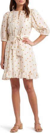 Caslon Pintuck Tie Waist Dress in Ivory- Brown Disorderly Dot at Nordstrom Rack, Size X-Large