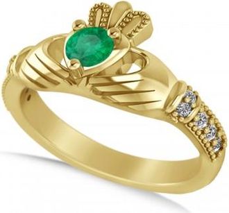 Allurez Emerald & Diamond Claddagh Engagement Ring in 14k Yellow Gold (0.42ct)