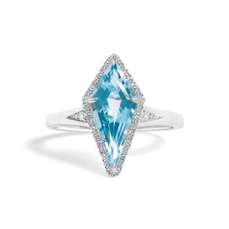 House of Brilliance 10K White Gold Blue Topaz Kite Cut and 1/6 Cttw Diamond Cocktail Ring