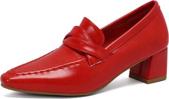 Generic Womens Square Pointy Toe Loafers Slip on Office Dress Shoes Mid Block Heel Work Shoes,Red,10.5 UK