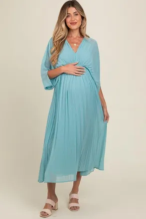 Pinkblush Pleated V Neck Maxi Dress in Blue at Nordstrom, Size Medium