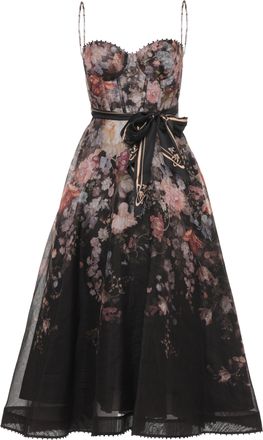Zimmermann Floral Midi Dress With Bustier Bodice And Sheer Overlay