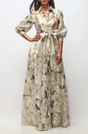 After Six Marie Metallic Floral Tie Waist Organza Gown in Plumeria Floral Print at Nordstrom, Size X-Small