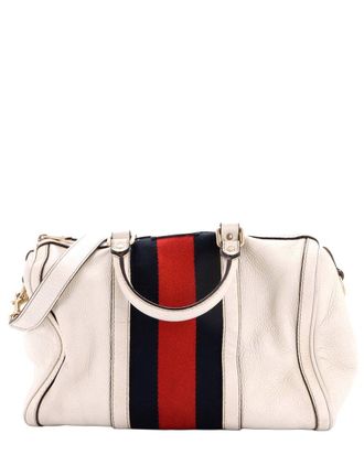 Gucci White Sheep Leather Web Boston Bag Medium (Authentic Pre-Loved)
