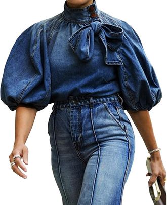 Generic Women Bow Shirts Denim Shirt High Neck Fashionable Jacket with Elastic and Puff Sleeves Blue Jacket Women (Blue 1,XXL)