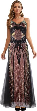 Angel Fashions Womens Sequined V-Neck Gown Elegant Tulle Evening Dress with Criss-Cross Back Straps Size 14 Black
