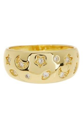 Sterling Forever Star & Moon 14K Gold Plated CZ Dome Ring at Nordstrom Rack, Size 6