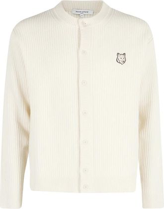 Maison Kitsun&eacute; Fox Head Wool Ribbed Cardigan - Heren - Vesten - Wit - L - Wol - Truien & Vesten