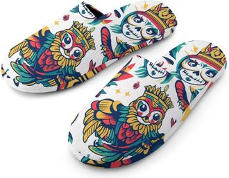 Generic Colorful Tattoo Pattern Mens Cozy House Slippers Winter Warm Shoes with Anti-Slip Sole for Travel Indoor Outdoor