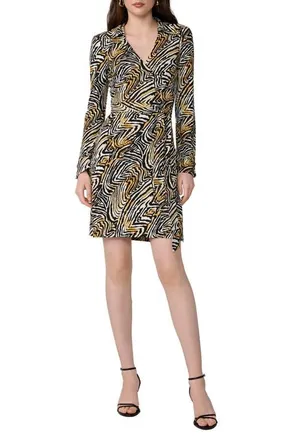 Diane Von F&uuml;rstenberg Jeanne Abstract Zebra Print Long Sleeve Silk Wrap Dress in Zebra Mini Wheat at Nordstrom, Size X-Small