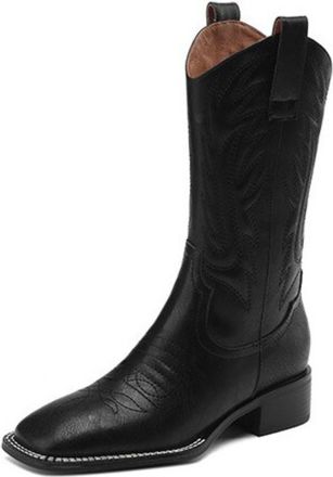 Generic Womens Cowboy Boots PU Leather Embroidered Design Pull Tab Square Toe Low Block Heels Mid-Calf Soft Lining Cushioned Insole Durable Outsole,Black,3.5 