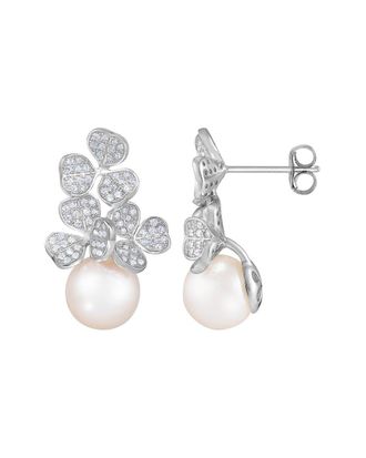 Splendid Pearls Rhodium Plated 8.5-9Mm Pearl Cz Earrings
