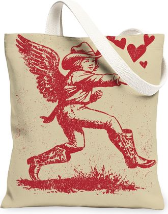 Generic Vintage Western Canvas Tote Bags, Retro Angel Cowboy Design Reusable Grocery Bags, Love Heart Lightweight Washable Shoulder, Beige, 13x15 Inch