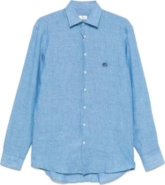 Etro Blauw Linnen Geborduurd Overhemd met Lange Mouwen - Heren - Casual Overhemden - Blauw - 2XL - Linnen - Overhemden
