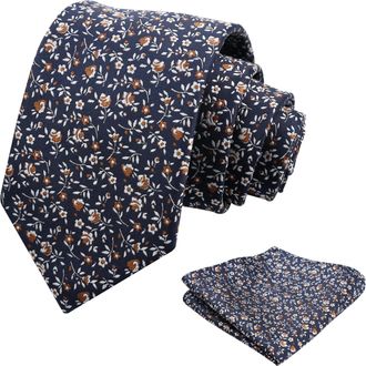 Alizeal Mens Small Floral Necktie Elegant Classic for Weddings Groom Party Novelty Flower Tie and Hanky Set, Navy+Brown+White