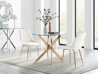 Furniturebox Novara 100cm Round Gold Leg Dining Table & 2 Pesaro Gold Leg Chairs in Cream