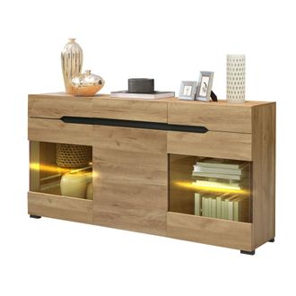 STILVORA Aparador Con 3 Puertas Y 3 Cajones Y Led, Frente Brillante, Estilo Moderno, Sal&oacute;n, En Tablero Aglomerado, 140&times;35&times;80 Cm, Roble
