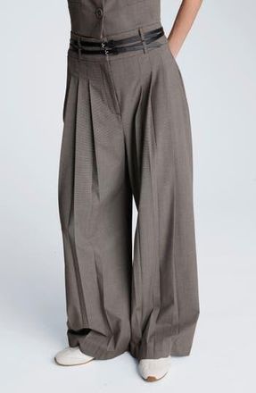 Kenneth Cole Double Pleat High Waist Wide Leg Pants in Black/Oyster at Nordstrom Rack, Size 12