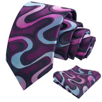 Alizeal Mens Ripple Patterned Necktie and Hanky Colorful Gradient Novelty Tie and Pocket Square Set, Dark Purple+Blue