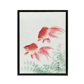 Artery8 Two Veiltail Goldfish in Pond Framed Canvas Wall Art Print Ohara Koson in Pink | Size: W24 x H32