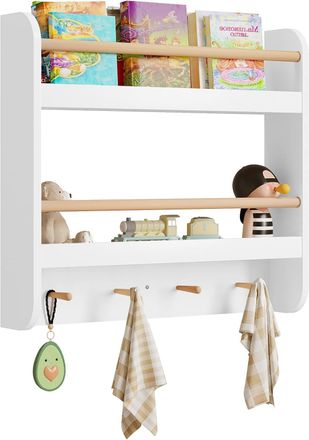 Woltu Libreria Infantil Para Ni&ntilde;os Estanteria Infantil De Pared Libreria Montessori De 2 Niveles Con 4 Ganchos Para Habitaci&oacute;n De Ni&ntilde;os Y Guarder&iacute;a 60x12x55