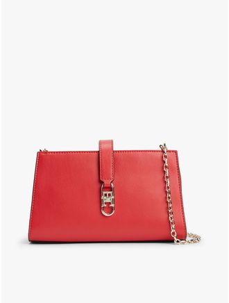 Tommy Hilfiger Womens Polished Monogram Chain Crossbody Bag - Red