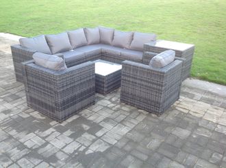 Fimous Rattan Corner Sofa Set Garden Furniture With 2 Chairs Coffee Table & Side Table in Dark Grey
