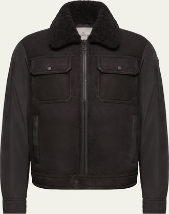 Moncler Mens Hybrid Suede Shearling-Collar Aviator Jacket