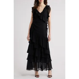 Chelsea28 Cap Sleeve Cascading Ruffle Gown in Black at Nordstrom Rack, Size X-Large