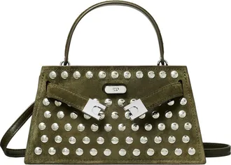 Tory Burch Petite Lee Radziwill Studded Suede Double Bag in Dark Green at Nordstrom