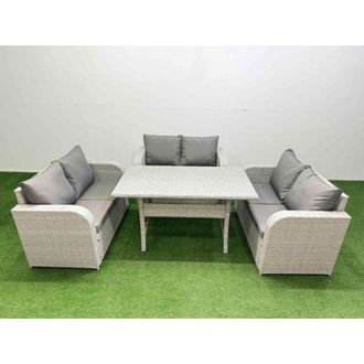 Fimous Fimous - 6 Seater pe Wicker Rattan Furniture Sofa Sets with Rectangular Dining Table 2 Seater Love Sofa Light Grey