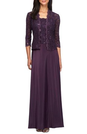 Alex Evenings Sequin Lace & Satin Gown with Jacket in Eggplant at Nordstrom, Size 12