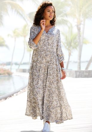 Vivance Maxikleid VIVANCE, Damen, Gr. 34, N-Gr, grau (grau, beige bedruckt), Web, Obermaterial: 100% Viskose, bedruckt, figurumspielend lang, V-Ausschnitt, mi