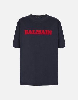 Balmain Mens Balmain Retro Flocked Logo T-Shirt in Navy - Size: 34