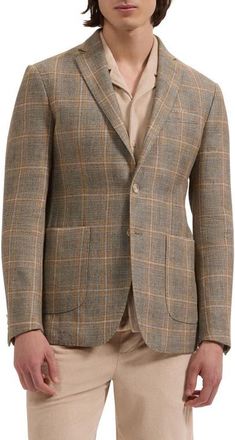 Bugatchi Windowpane Check Cotton & Linen Blazer in Khaki at Nordstrom, Size 42